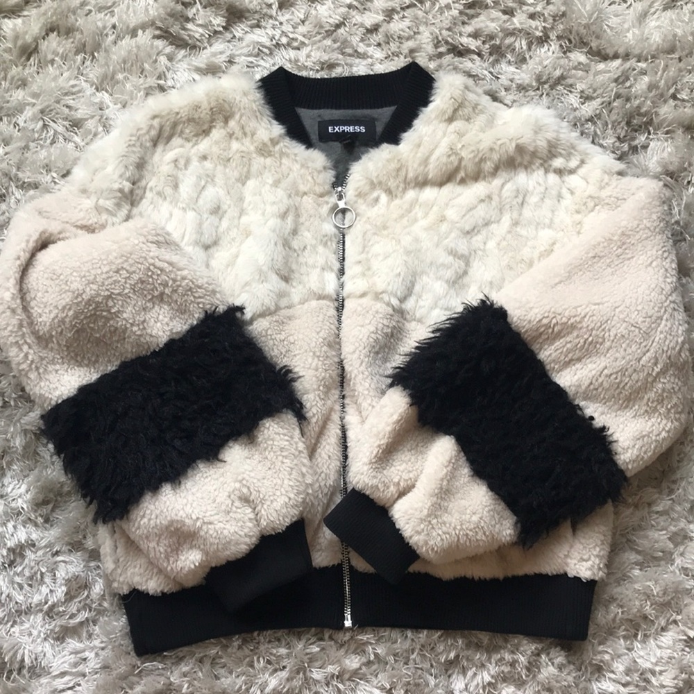 Express + faux fur bomber jacket+ black & white